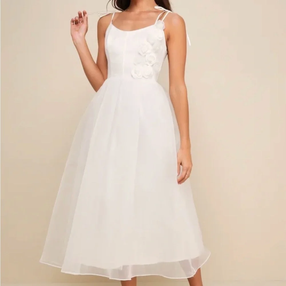 Intentionally Darling White Organza Tie-Strap Rosette Midi Dress - Picture 1 of 5